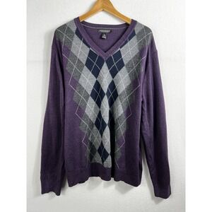 Banana Republic Mens XL Sweater Extra Fine Merino Wool‎ Argyle Purple V-Neck